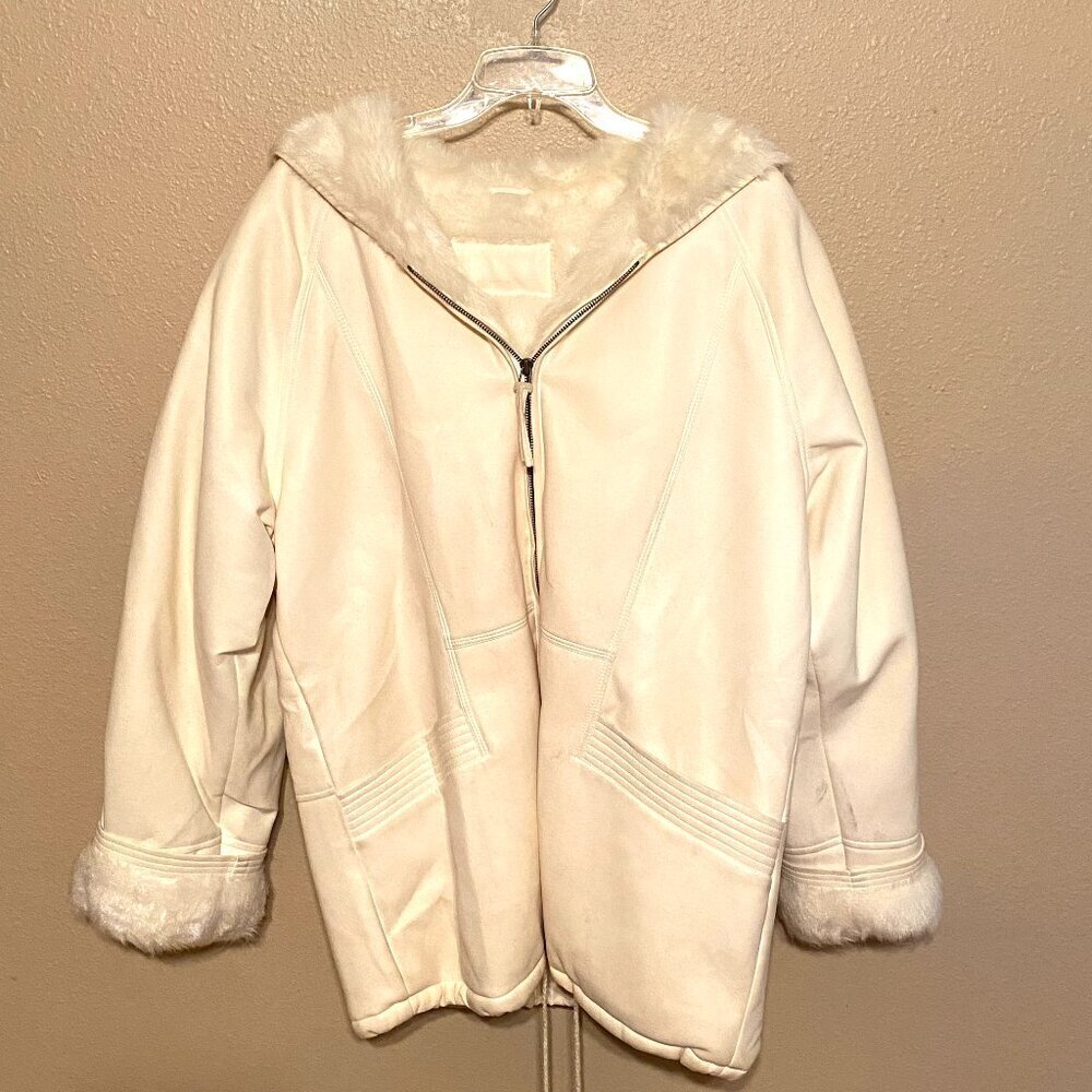 VINTAGE Ivory Parka Coat Faux Fur Lining Hood Zip Front No Tags Approx Size L - Picture 2 of 13